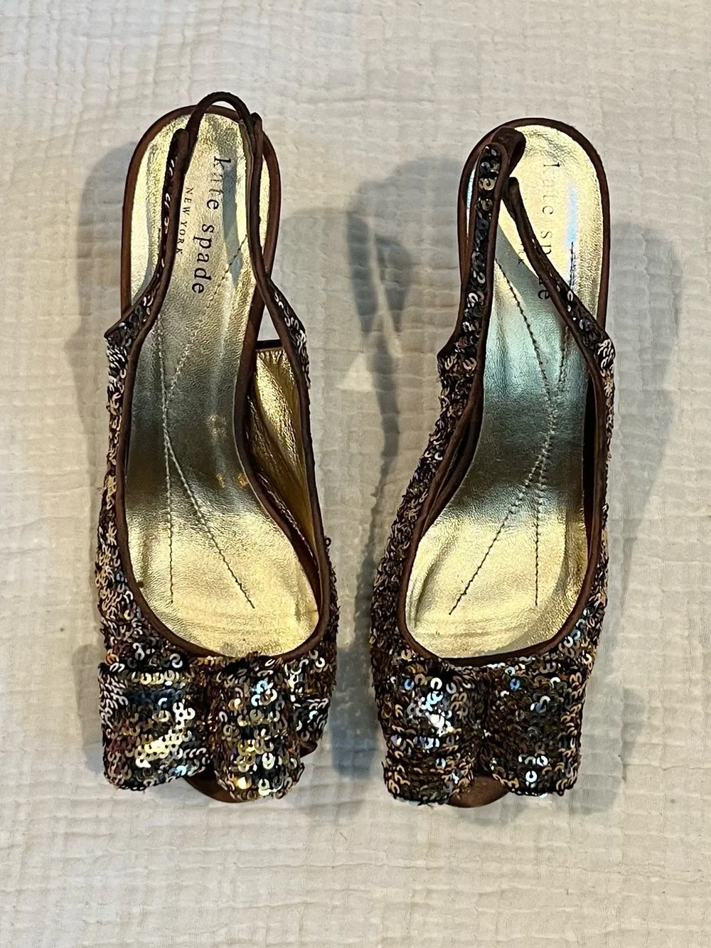 Kate Spade New York Gold Brown Sequin Bow Carly High Heels Open Toe Shoes 6